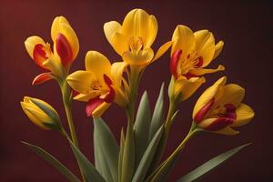 Bouquet of crocus and tulips on solid color background. ai generative photo