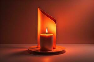 Burning aroma candle on wooden table against solid color background, copyspace. ai generative photo