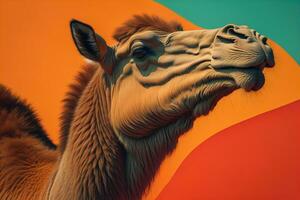 Camel head on solid color background, close up. Vintage style. ai generative photo