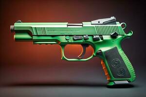 Semi-automatic handgun on a solid color background. Close-up. ai generative photo