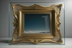 Glass picture frame on a solid color background. ai generative photo