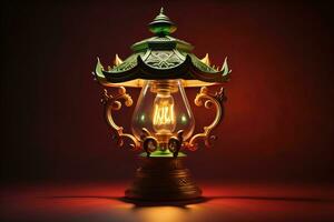 Lantern on a wooden table and a dark background. ai generative photo