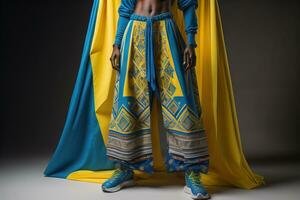 Young woman in traditional thai costume standing on the floor against solid color background. ai generative photo