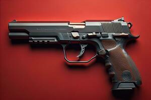 Semi-automatic handgun on a solid color background. Close-up. ai generative photo