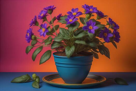Flowers in a pot on a solid color background. ai generative photo