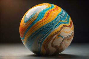 Colorful marble ball on a solid colour background. Close-up. ai generative photo