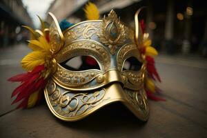 Venetian carnival mask with golden ornament on a solid color background. ai generative photo