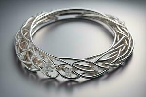 Silver necklace on a solid color background in close-up. ai generative photo