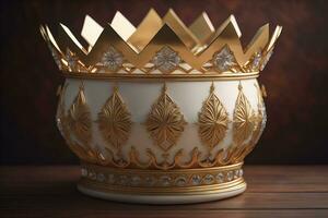 low key image of beautiful golden queen, king crown. ai generative photo