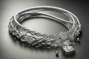 Silver necklace on a solid color background in close-up. ai generative photo