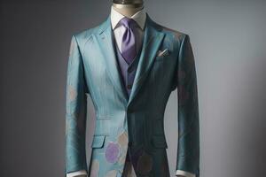 Stylish suits on mannequins on solid color background, closeup. ai generative photo