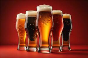 Glasses of different beer on a solid color background. ai generative photo