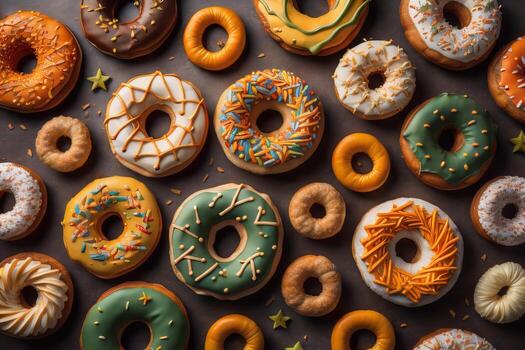 Variety of donuts on a solid color background. Top view. ai generative photo
