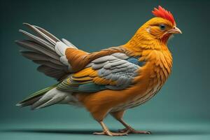 Colorful chicken on a solid color background, studio photo. ai generative photo