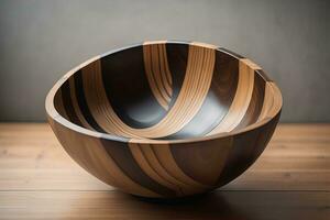 Empty wooden bowl on wooden background. Top view. Copy space. ai generative photo