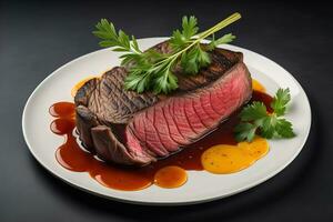 Raw beef sirloin steak with ingredients for cooking on wooden background. ai generative photo