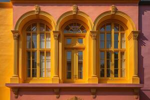 Colorful windows of a typical house in the city, ai generative photo