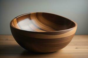 Empty wooden bowl on wooden background. Top view. Copy space. ai generative photo