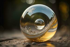 Transparent crystal ball on a wooden table. ai generative photo