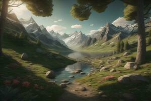 Beautiful fantasy landscape with a river in the mountains. ai generative photo