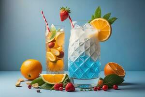 Glasses of sangria with fruits and berries on solid color background. ai generative photo