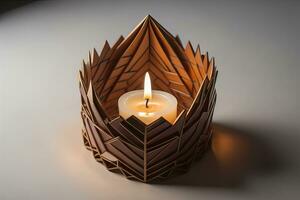 Burning aroma candle on wooden table against solid color background, copyspace. ai generative photo