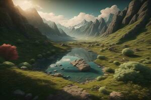 Beautiful fantasy landscape with a river in the mountains. ai generative photo