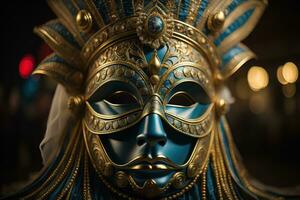 Venetian carnival mask with golden ornament on a solid color background. ai generative photo