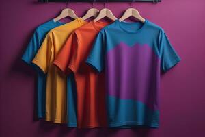 Colorful t-shirts in front of dark background. ai generative photo