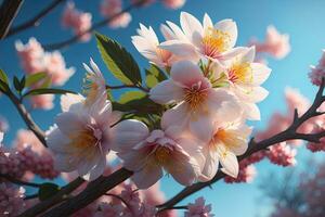 cherry blossom sakura flower on blue sky background, ai generative photo