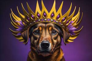 Portrait of a cute dog in a golden crown on a solid color background. ai generative photo