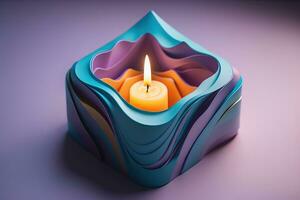 Burning aroma candle on wooden table against solid color background, copyspace. ai generative photo