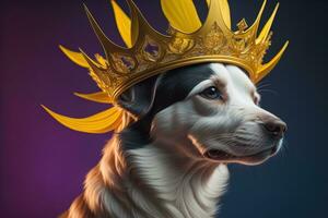 Portrait of a cute dog in a golden crown on a solid color background. ai generative photo