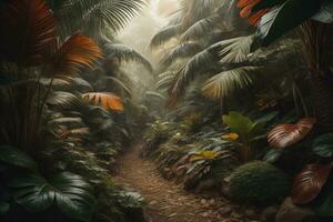 A pathway in tropical rainforest with palm trees and path in the mist. ai generative photo