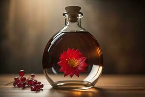 Bottle with a liquid on a solid color background. ai generative photo