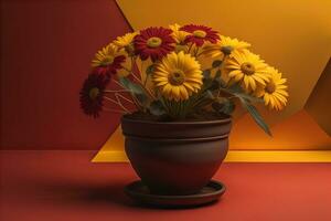 Flowers in a pot on a solid color background. ai generative photo