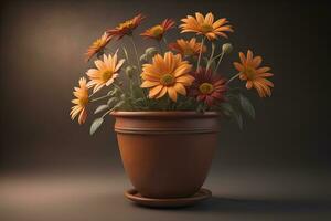 Flowers in a pot on a solid color background. ai generative photo