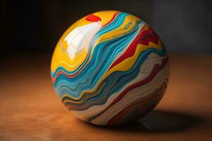 Colorful marble ball on a solid colour background. Close-up. ai generative photo