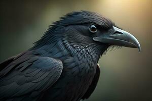 Close up portrait of a black raven, Corvus corax. ai generative photo