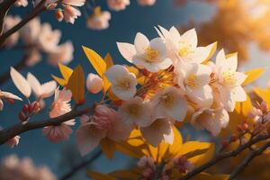 cherry blossom sakura flower on blue sky background, ai generative photo