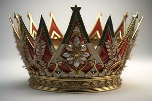 low key image of beautiful golden queen, king crown. ai generative photo