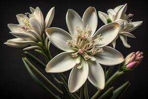 Bouquet of snowdrops on a black background. Studio photography. ai genrative photo