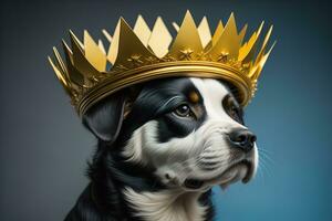 Portrait of a cute dog in a golden crown on a solid color background. ai generative photo