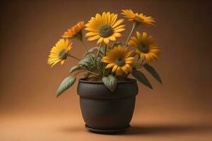 Flowers in a pot on a solid color background. ai generative photo