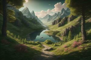 Beautiful fantasy landscape with a river in the mountains. ai generative photo