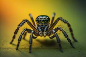 jumping spider closeup on solid color background, copyspace. ai generative photo