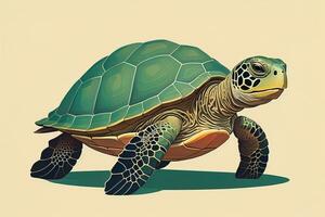 ilustración de un Tortuga en un verde antecedentes en dibujos animados estilo. ai generativo foto