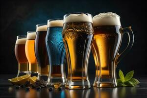 Glasses of different beer on a solid color background. ai generative photo