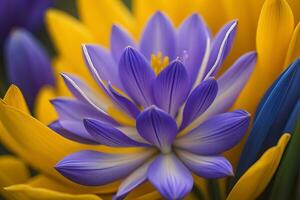 Beautiful spring crocus flowers in the garden. Floral background. ai generative photo