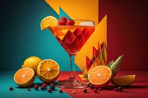 Glasses of sangria with fruits and berries on solid color background. ai generative photo
